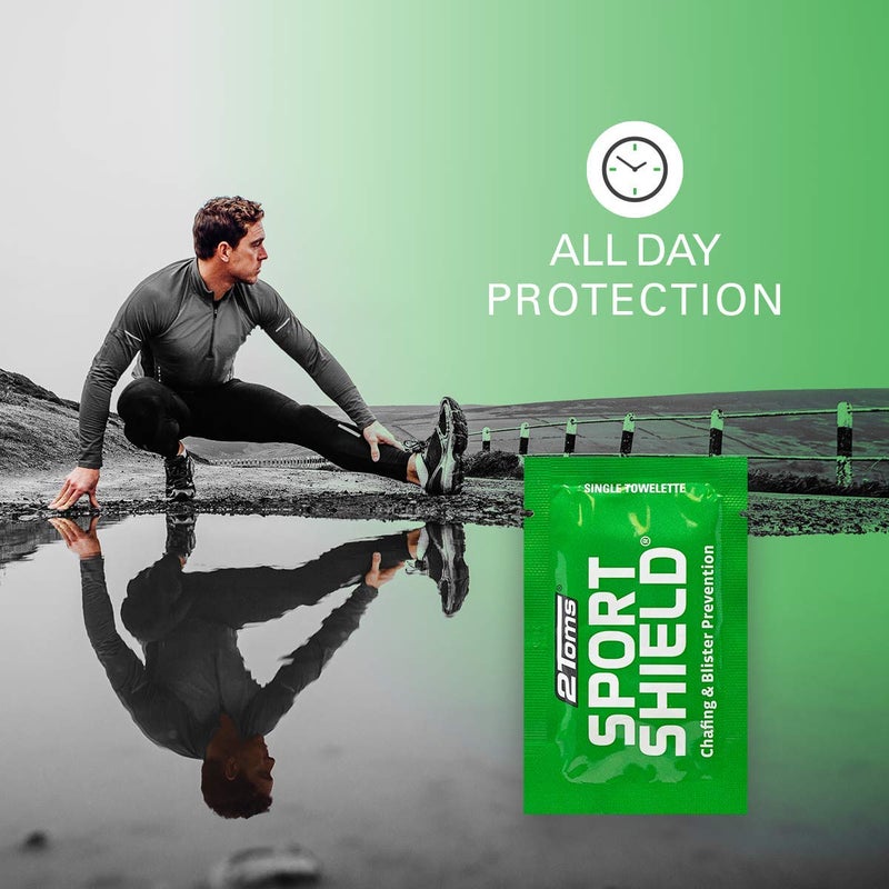 2Toms SportShield, Original Formula, All-Day Anti Chafe and Blister Prevention, Waterproof Protection from Chafing and Skin Irritation, 6 Single-Use Towelettes - Image 4